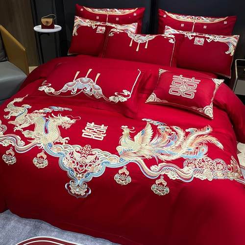 婚庆四件套大红刺绣龙凤结婚礼新婚房喜被床上用品红色婚嫁喜庆