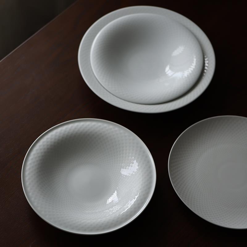 山水一间陶瓷碗圆形景德镇家用耐高温盘子华夫格纹白瓷欧式浅盘