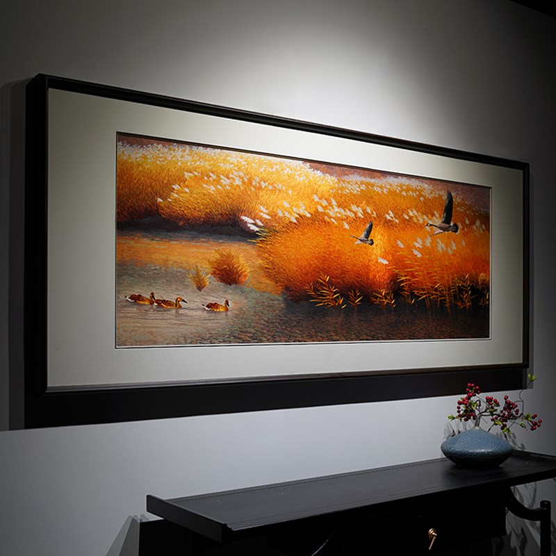 新中式书房客厅过道高档大幅挂画手工苏绣金秋芦苇成品刺绣装饰画图片