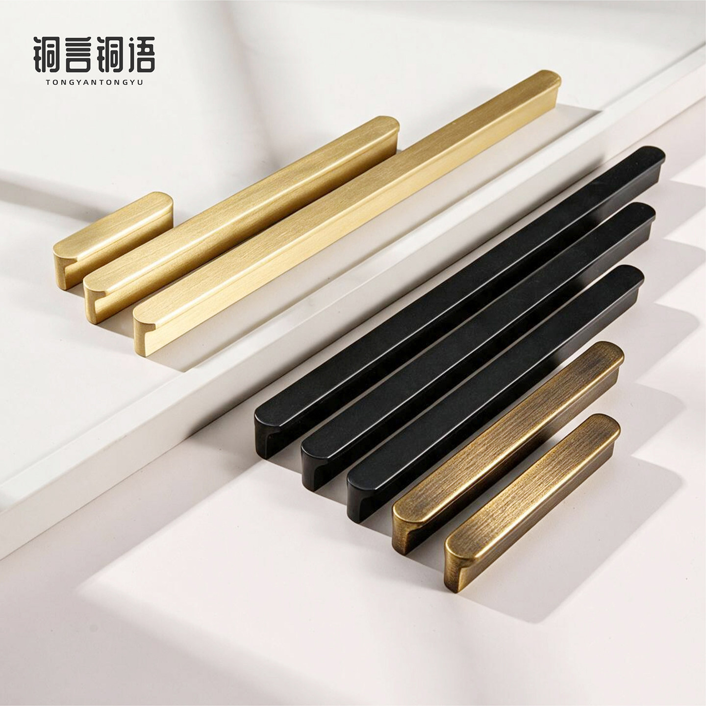 现代实心纯黄铜柜门拉手轻奢衣柜橱柜柜子抽屉柜门金色一字小把手