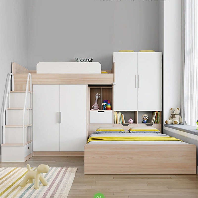 小户型多功能实木儿童上s下铺带衣柜书桌一体错位组合床交错式定