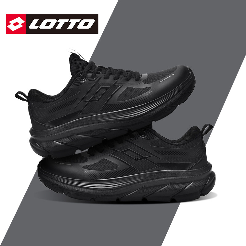 LOTTO乐途男鞋黑色透气网面运动鞋2026春秋新款防水皮面厚底跑鞋