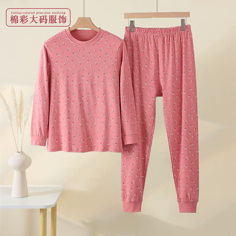 秋季女士中老年套头圆领纯棉毛衫套装宽松大码秋衣秋裤