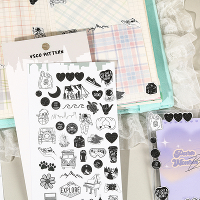 黑白咕卡贴纸手绘白边贴画