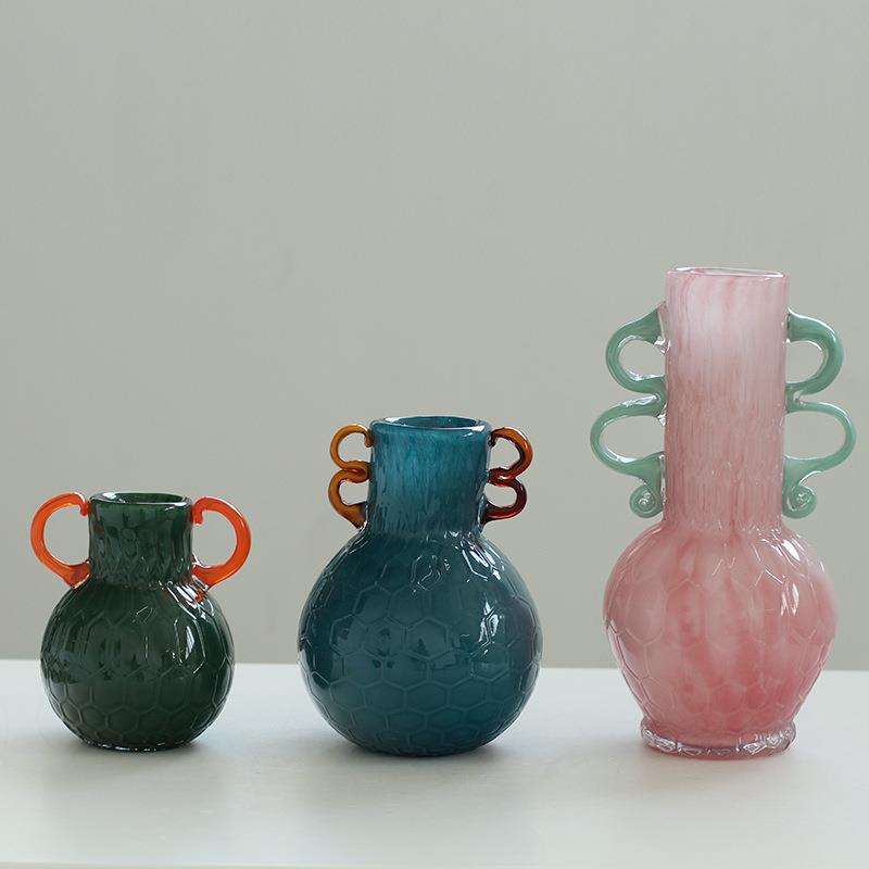 轻奢风双耳磁粉手工双色花纹大肚瓶餐桌玄关软装台面装饰彩色花瓶
