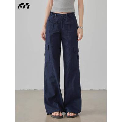 美式低腰工装裤女夏2025新款藏青色多口袋小个子窄版直筒休闲裤子