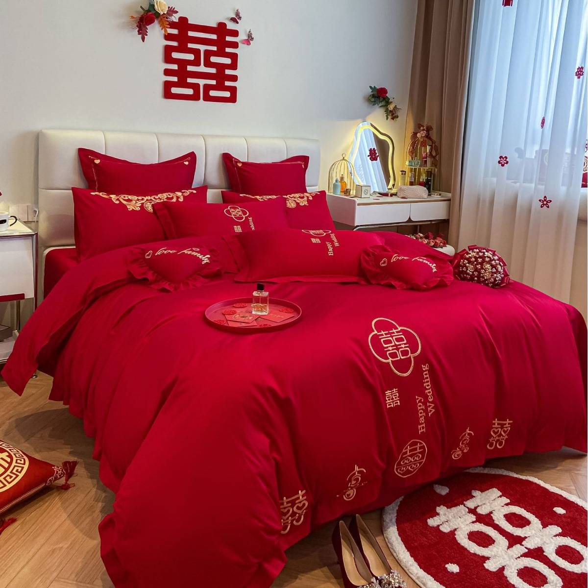 全棉结婚床上用品四件套中式婚庆纯棉床单被套大红色喜庆陪嫁喜被