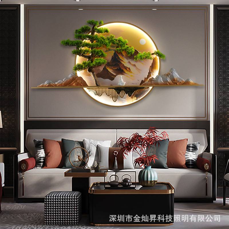 新中式壁灯现代简约禅意壁灯入门墙灯画迎客松茶室背景装饰画壁灯