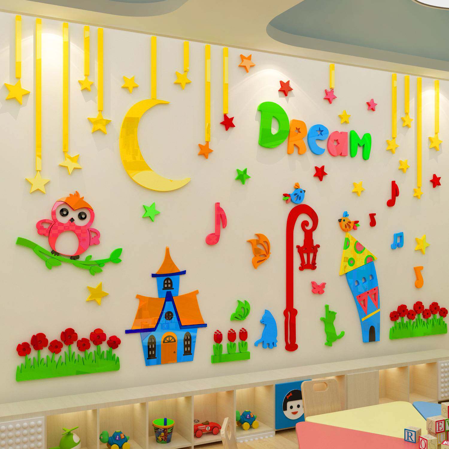 装饰幼儿园儿童房3d立体亚克力墙贴教室卡通墙贴猫头鹰月亮游乐园