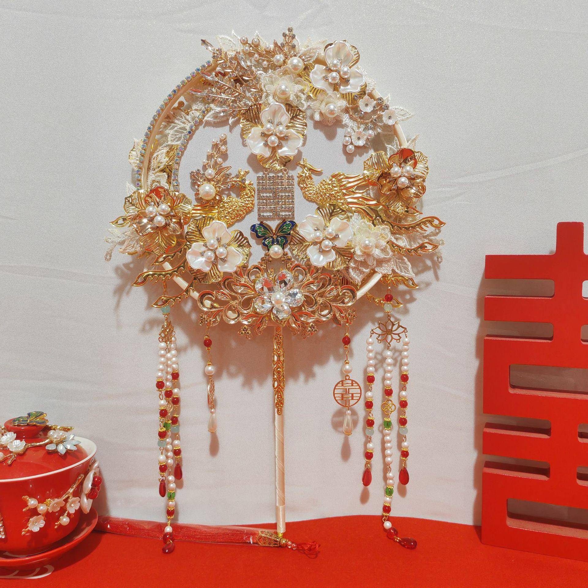 新喜扇秀禾服团扇礼结婚娘婚团扇古扇子出m92嫁扇喜字扇中式手捧