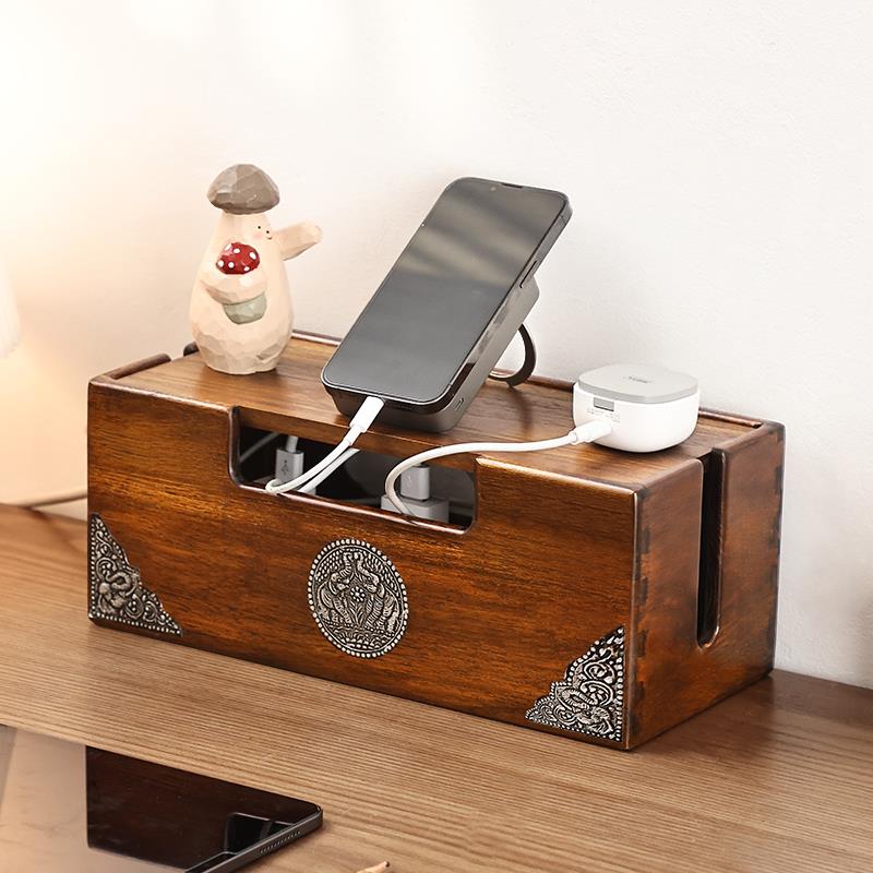 异丽实木电线插排收纳盒桌面插线板整理盒子插座电源数据线集线盒