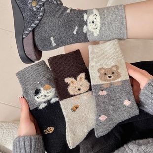 儿童秋冬款 可爱卡通撞色可爱猫咪女童百搭保暖毛袜子中大童中筒袜