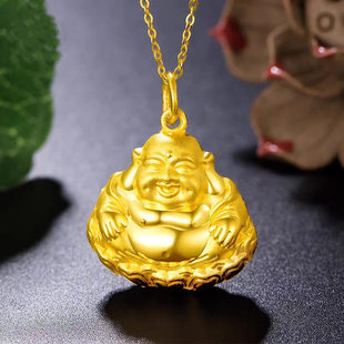 越南沙金笑面佛吊坠黄金硬金弥勒佛项链男女款本命年佛公锡金项链