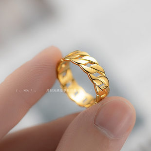 热卖古巴炼条沙金指环时尚ins简约网红黄金冷淡风炼条锡金戒指