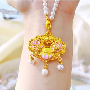 如意莲花锦鲤锁越南沙金吊坠沙金双鱼莲花平安锁包毛衣链锡金项链