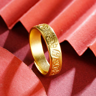 越南沙金莲花铜钱招财猫可爱活口黄金戒指配饰中国风锡金饰品