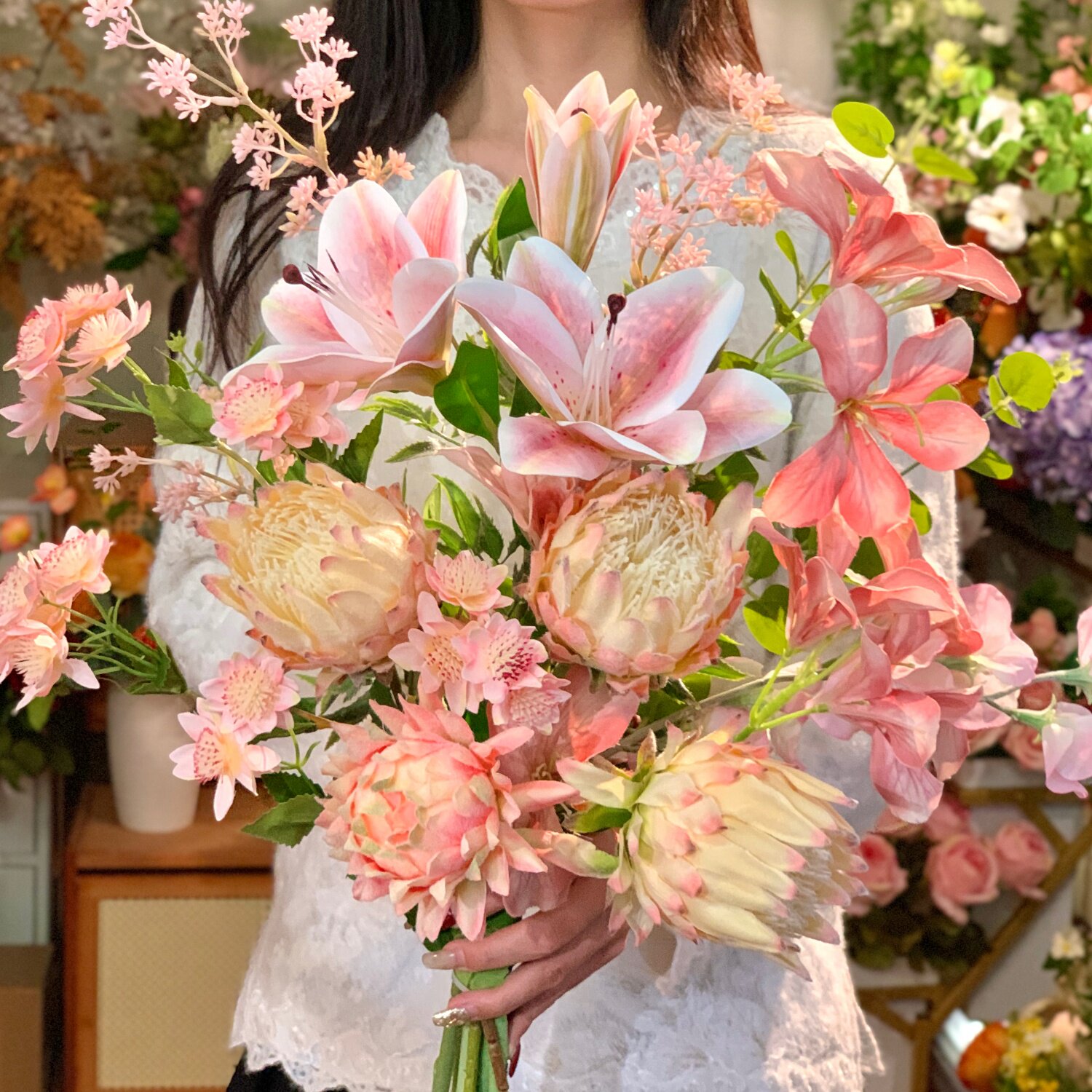 繁花 高级感仿真帝王花火焰蓝粉色百合玫瑰花束假花家居装饰花艺