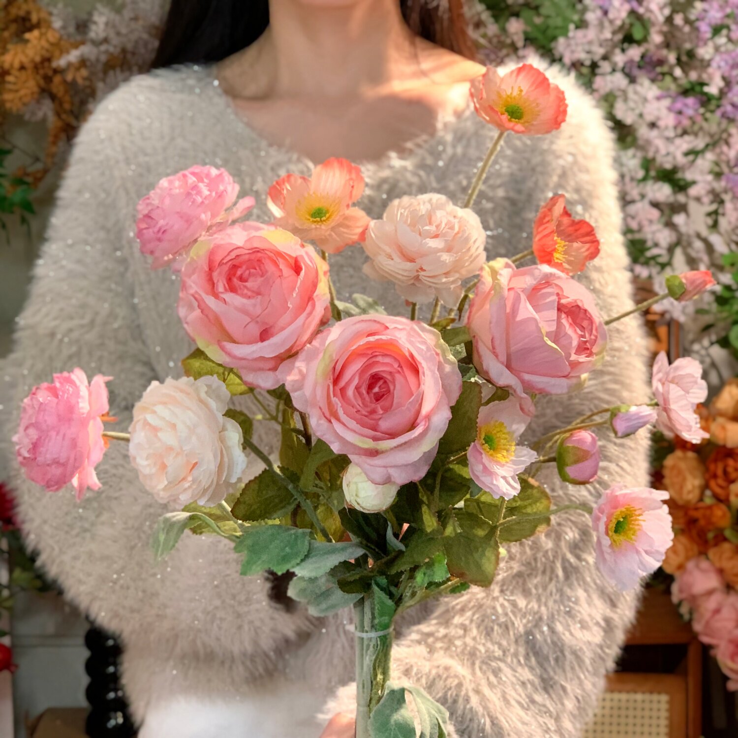 仿真粉色玫瑰花花束假花家居装饰