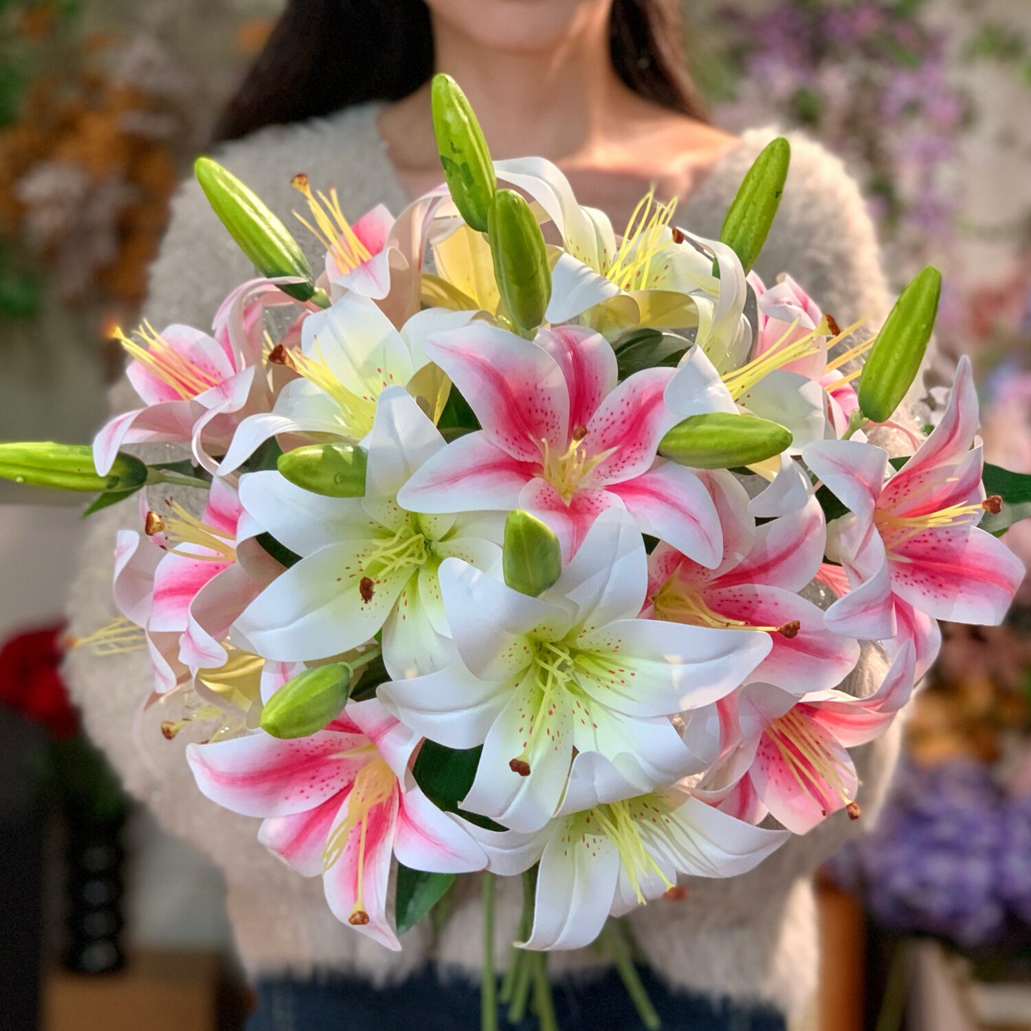 多头百合花仿真花客厅插花高级感装饰花束餐桌摆设假花浪漫花艺