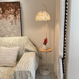 奶油风茶几落地灯置物架客厅卧室沙发旁边几法式 床头柜台灯一体