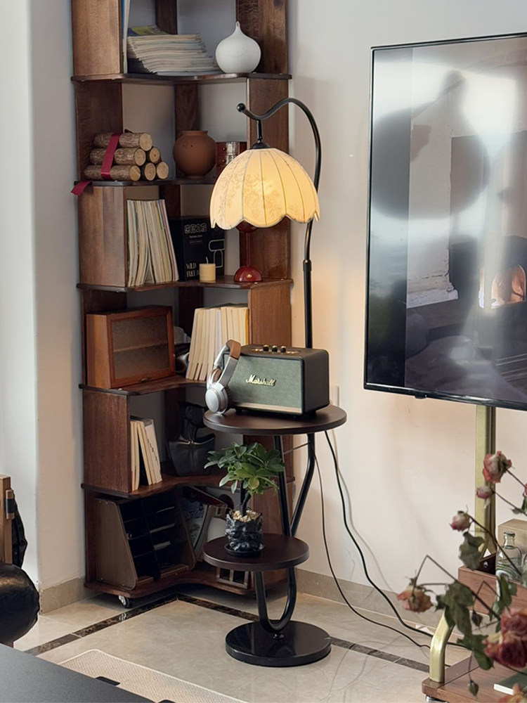 中古风置物架落地灯客厅沙发旁边几卧室法式覆古床头柜台灯一体,家装灯饰光源,装饰落地灯,淘宝优惠券,粉丝福利购,淘宝优惠卷