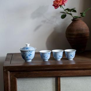 陶瓷手绘雾翠竹蓝品茗杯家用茶具主人杯单杯功夫个人普洱茶杯 中式