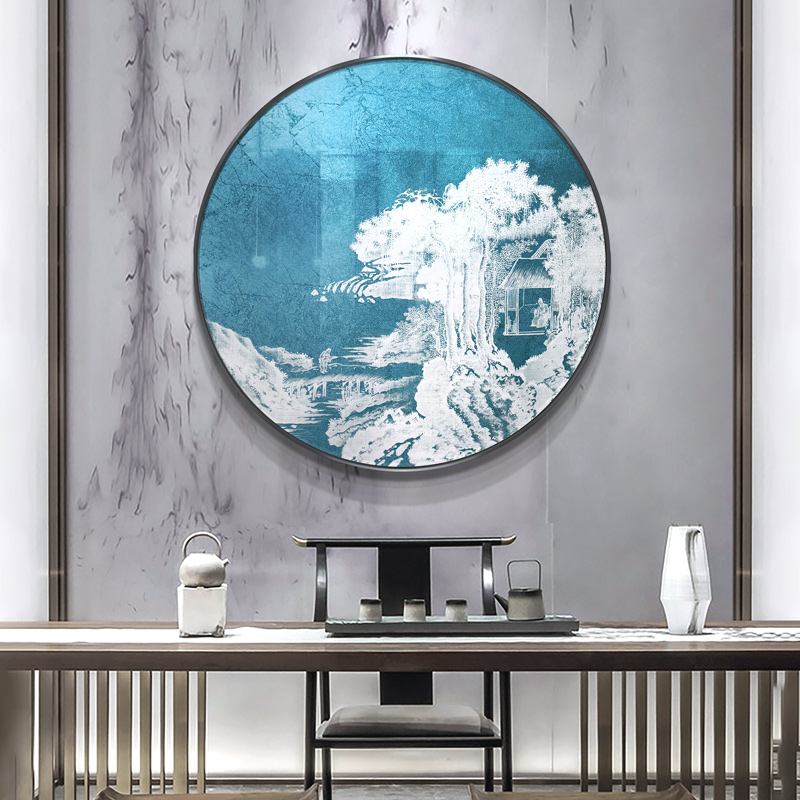 山水画境金箔效果浮雕立体玄关装饰画餐厅单幅圆形客厅背景壁挂画图片