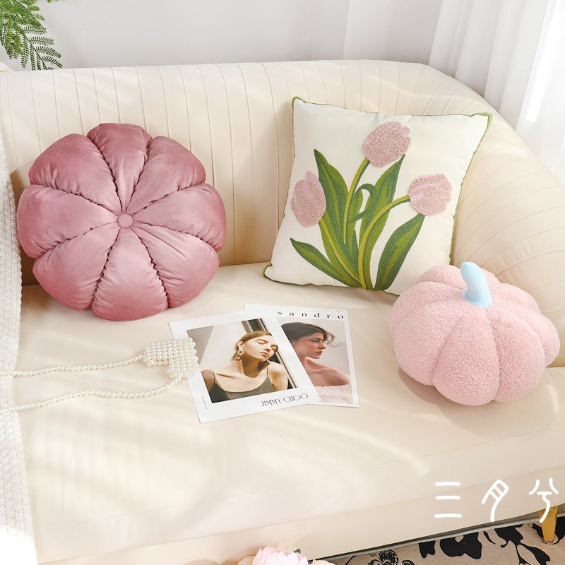ins客厅简约抱枕现代靠垫套粉色圆形车轮枕南瓜枕天鹅绒时尚靠枕