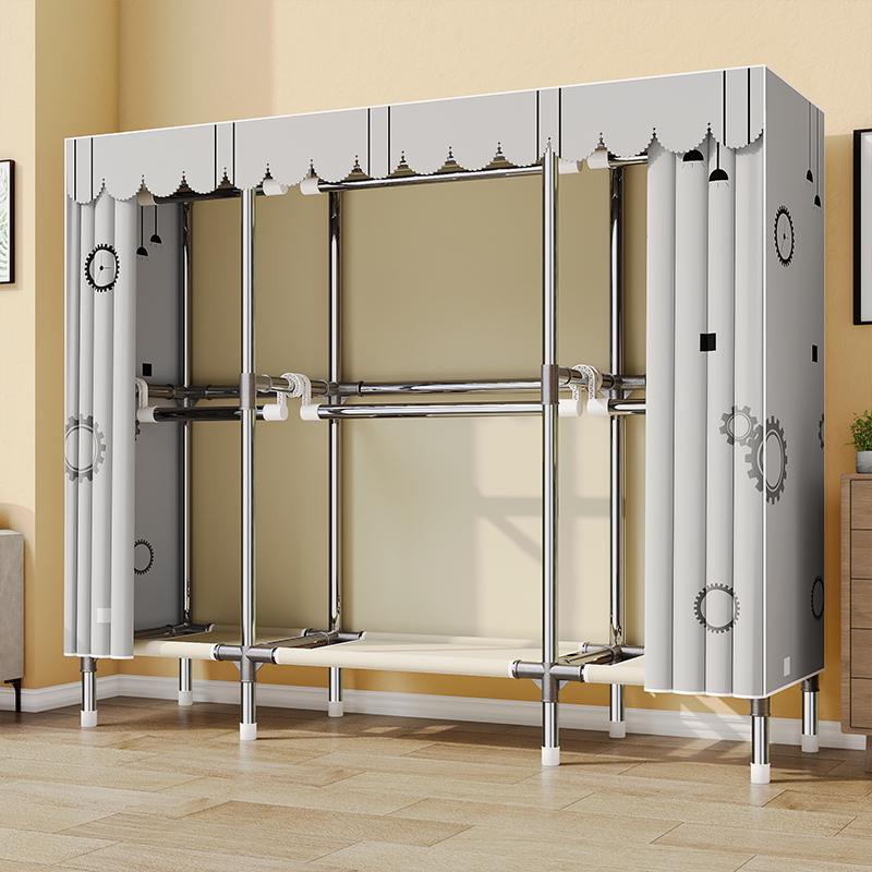 简易衣柜家用卧室布衣柜钢结构全挂衣杆结实出租房用儿童收纳衣架