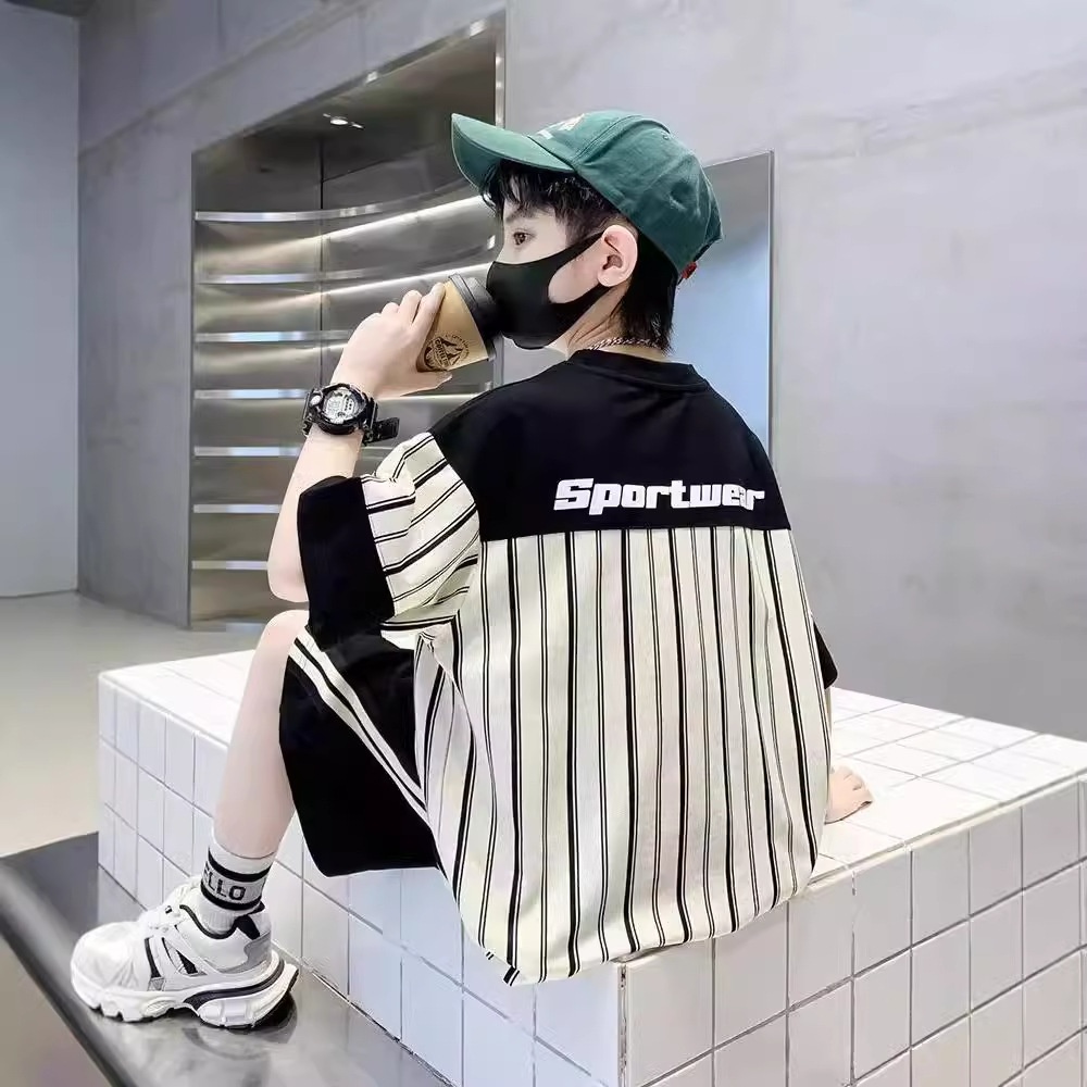 儿童装男童夏装套装2025新款洋气中大童夏季帅气条纹短袖运动夏款