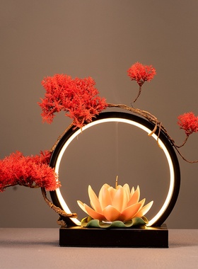 新中式创意禅意摆件家居倒流香客厅led灯圈办公室会所招财装饰品