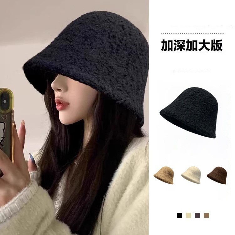秋冬帽子女羊羔毛水桶帽大头围显脸小百搭渔夫帽毛绒保暖护耳盆帽