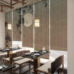 茶室玄关帘屏风软隔断装 新中式 饰客厅半透明遮光卷帘窗帘禅意竹子