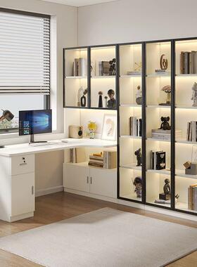 实木转电脑桌台家用学OUM生写字桌带书桌子简约书柜桌书架角式一