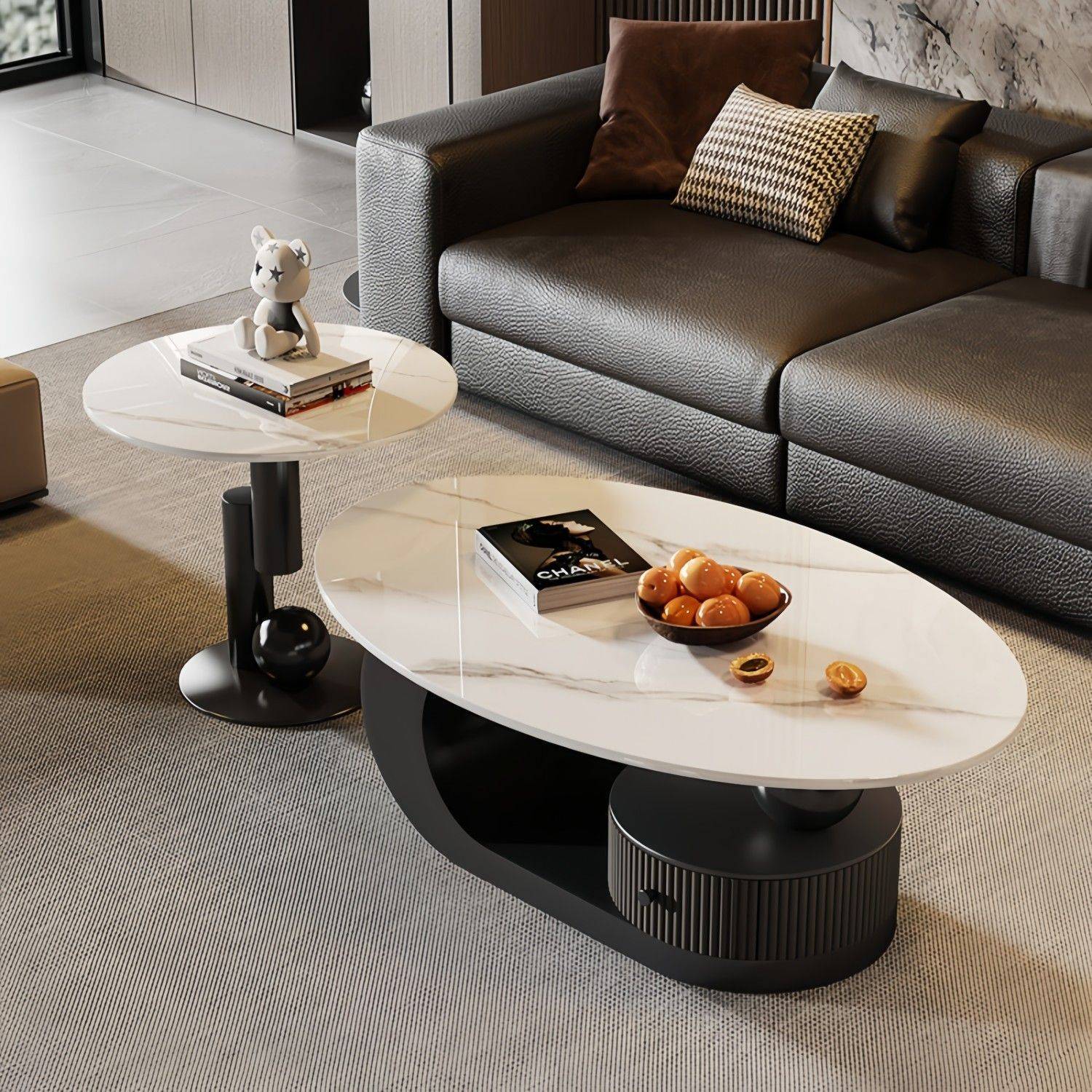 椭圆形茶几岩板奶油茶几客厅家用轻奢现代意式小户型简约桌边组合