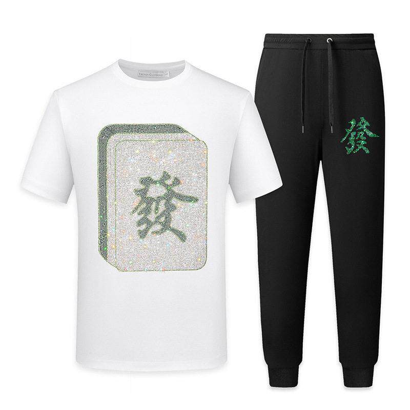 装226新款潮钻装烫发财休闲时尚套0痞帅级感短BUJ袖t恤长裤子