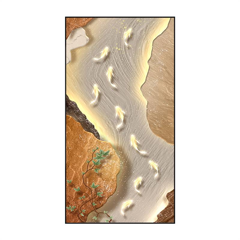 轻奢风九鱼图玄关装饰画现代高档入户正对门壁画竖版走廊过道挂画图片