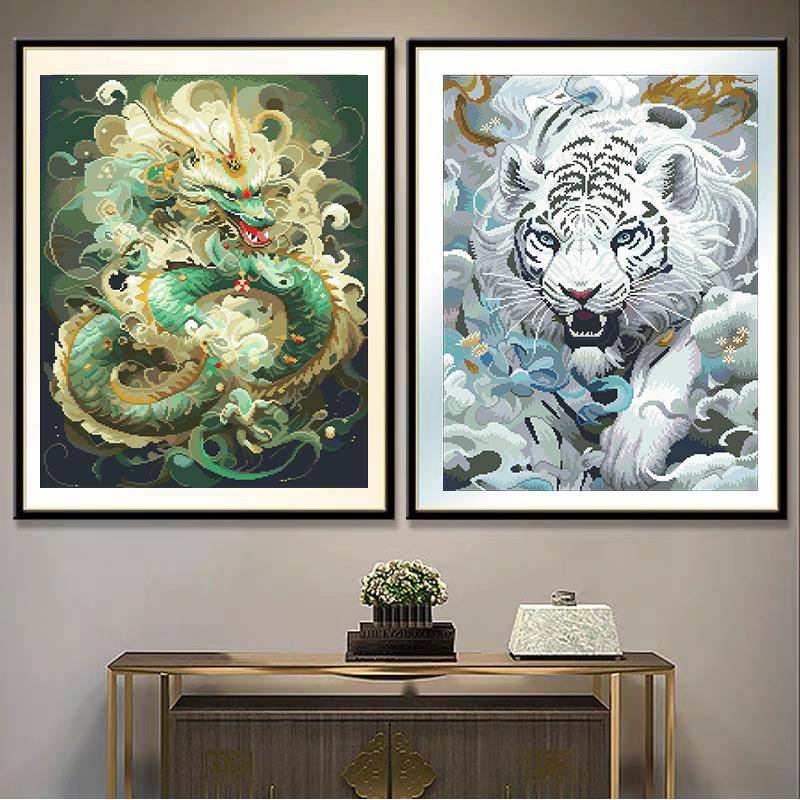 新款客厅451十字绣绣左青白龙右刺绣手工自己简虎单动物满绣装饰