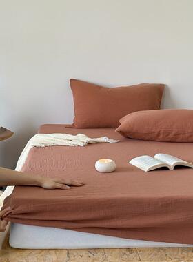 极纯色全棉双笠层纱床单简件床罩套全棉皱纱床单WTU床垫保护罩床1