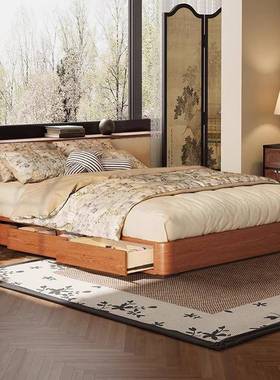 中风无木EFP床头储物实木床小户型带抽白蜡齐边极古简无靠背屉主