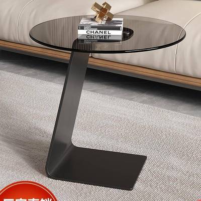 化玻璃茶几小户型岩板边沙几客厅发意式极简网红圆桌创ASQ钢角意