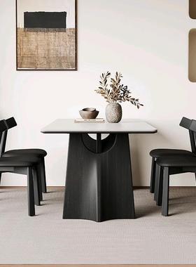 黑色实木中古风餐长Y174方形现代简约桌2025款复哑光纯白岩板古餐