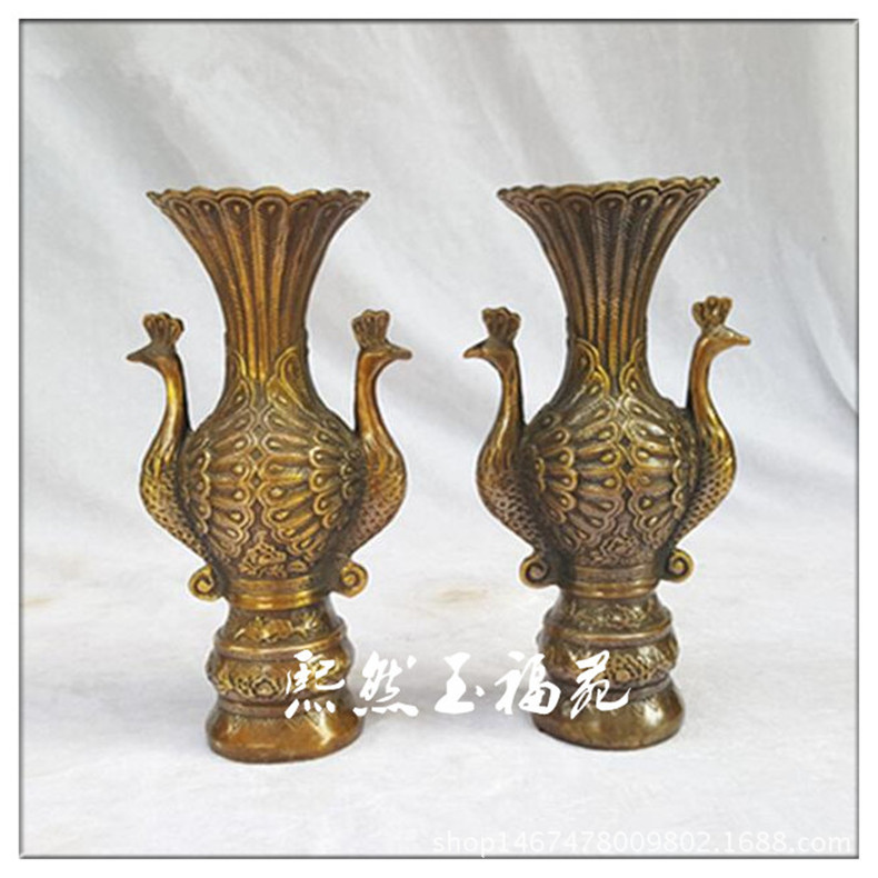 仿古纯铜孔雀花瓶一对摆件
