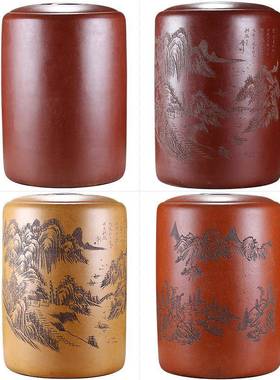 紫来顺特大35号54379特大斤装茶缸全手刻绘工山水普洱缸宜兴紫砂