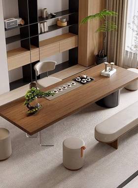 现代简约木大板桌椅合轻茶实奢创意W型亚组克力SVE悬浮泡茶台商务