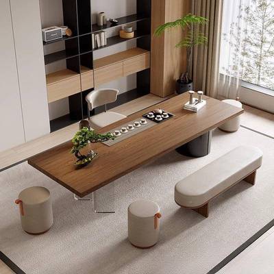 现代简约木大板桌椅合轻茶实奢创意W型亚组克力SVE悬浮泡茶台商务