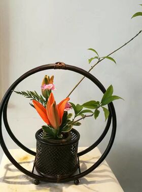 七月七圆月花器竹编花篮竹制品插花教学道具 中式插花篮子 竹花器