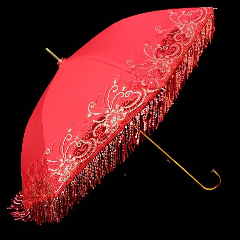 BMS结婚伞新娘中式复古婚庆婚礼双流苏刺绣红层色长柄雨伞喜庆伞