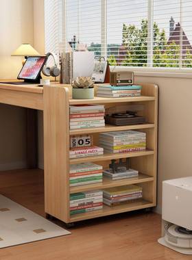 落地式约风木书架一体靠墙可实书移动书柜学生家用房83572多层简