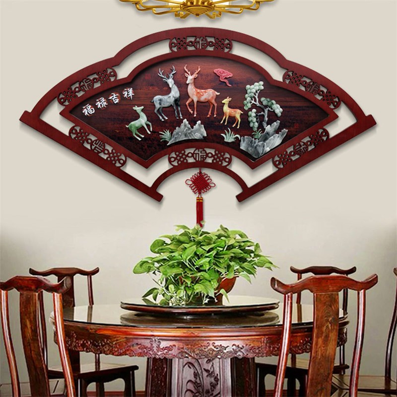 客厅沙发背景墙挂画中式立体玉雕扇形装饰画电视玄关餐厅墙面挂件